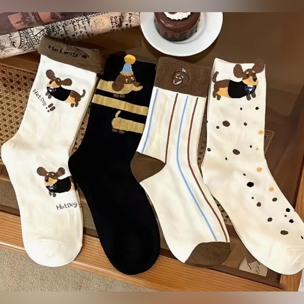 New Set Of 4 Fun Dachshund Dog Print Socks - Multi-Color